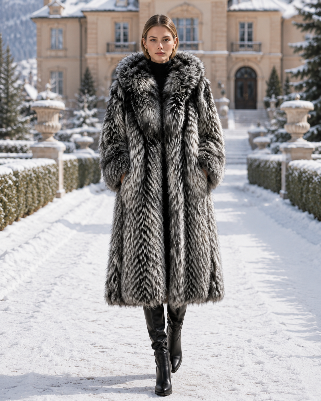 Midnight Chalet Hooded Faux Fur Coat