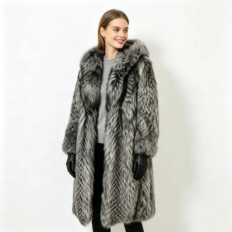 Midnight Chalet Hooded Faux Fur Coat