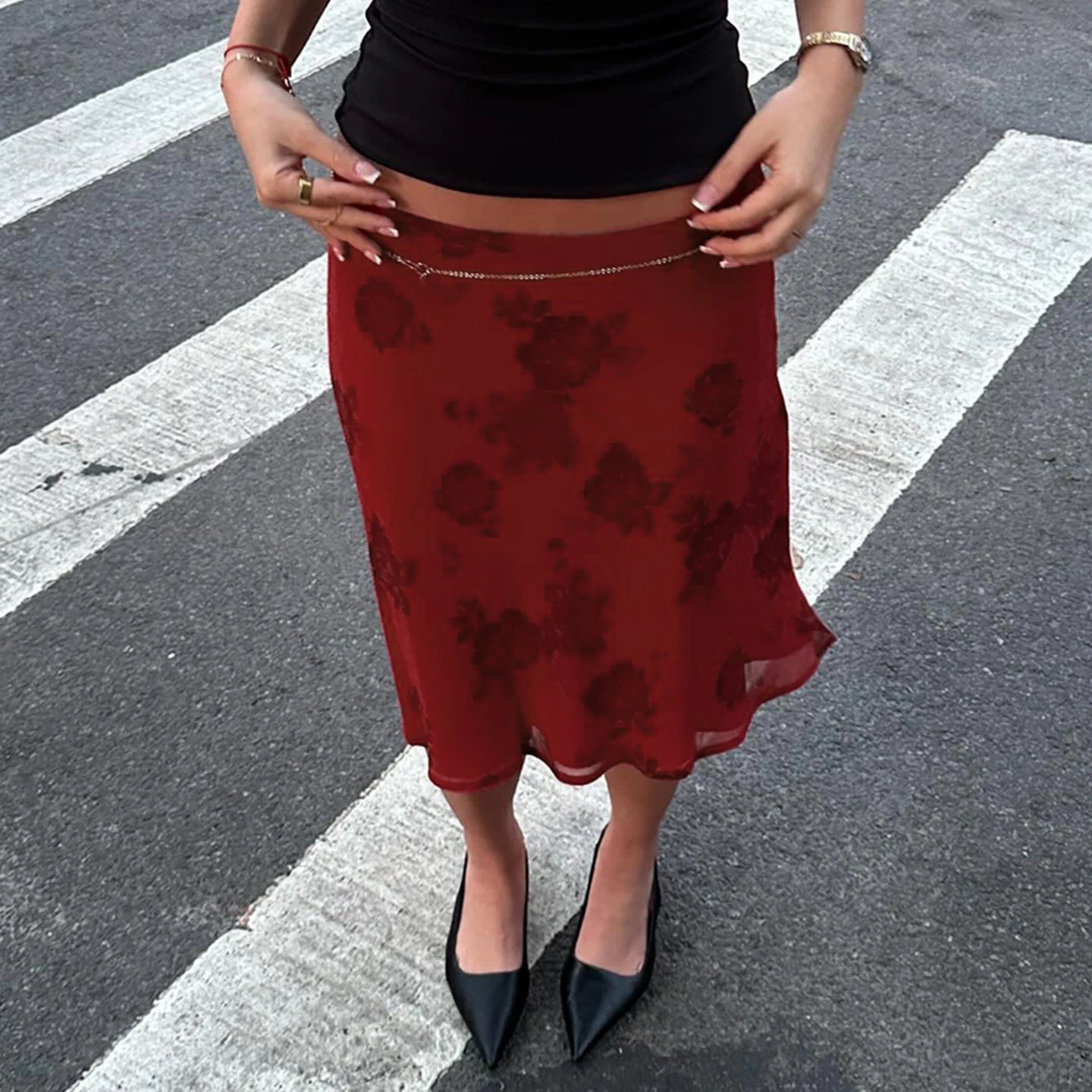 Bordeaux Bloom Midi Skirt