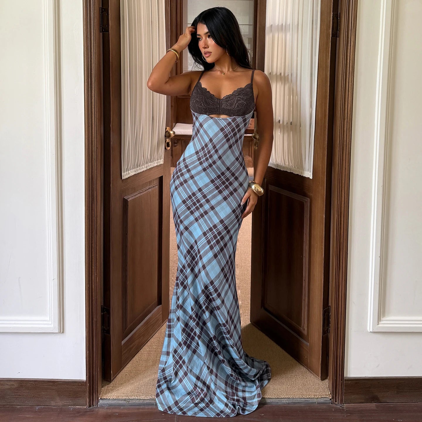 Blair Plaid Lace Maxi Dress