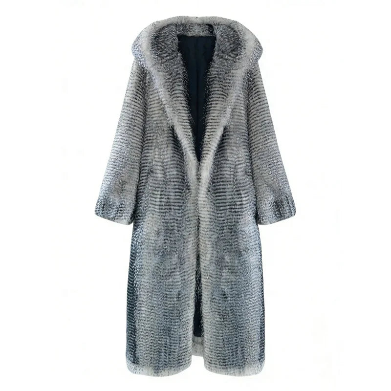 Zeyu 2026 New Arrival Women's Faux Fur Coat Ostrich Feathers Longline Hooded Loose-Fit Eco-friendly Windproof Stylish Warm