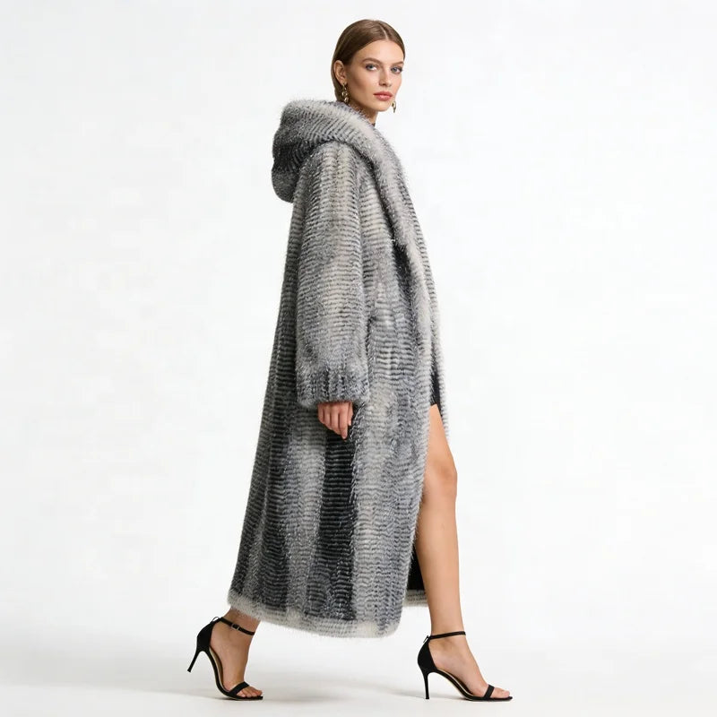 Zeyu 2026 New Arrival Women's Faux Fur Coat Ostrich Feathers Longline Hooded Loose-Fit Eco-friendly Windproof Stylish Warm