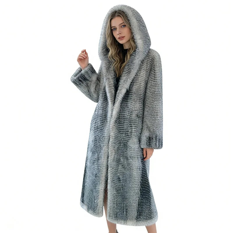 Zeyu 2026 New Arrival Women's Faux Fur Coat Ostrich Feathers Longline Hooded Loose-Fit Eco-friendly Windproof Stylish Warm