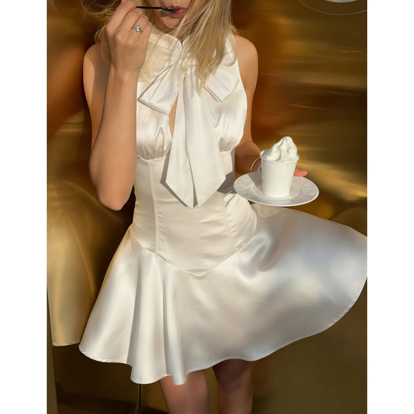 Ivory Café Bow Mini Dress