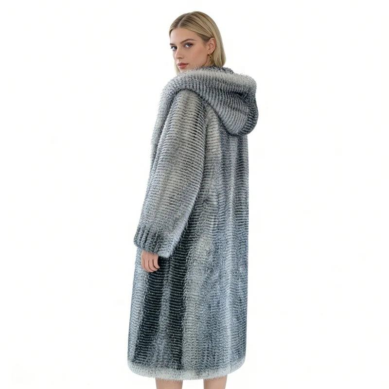 Zeyu 2026 New Arrival Women's Faux Fur Coat Ostrich Feathers Longline Hooded Loose-Fit Eco-friendly Windproof Stylish Warm