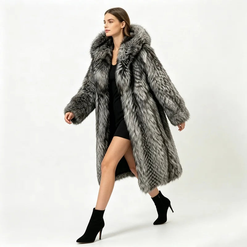 Midnight Chalet Hooded Faux Fur Coat