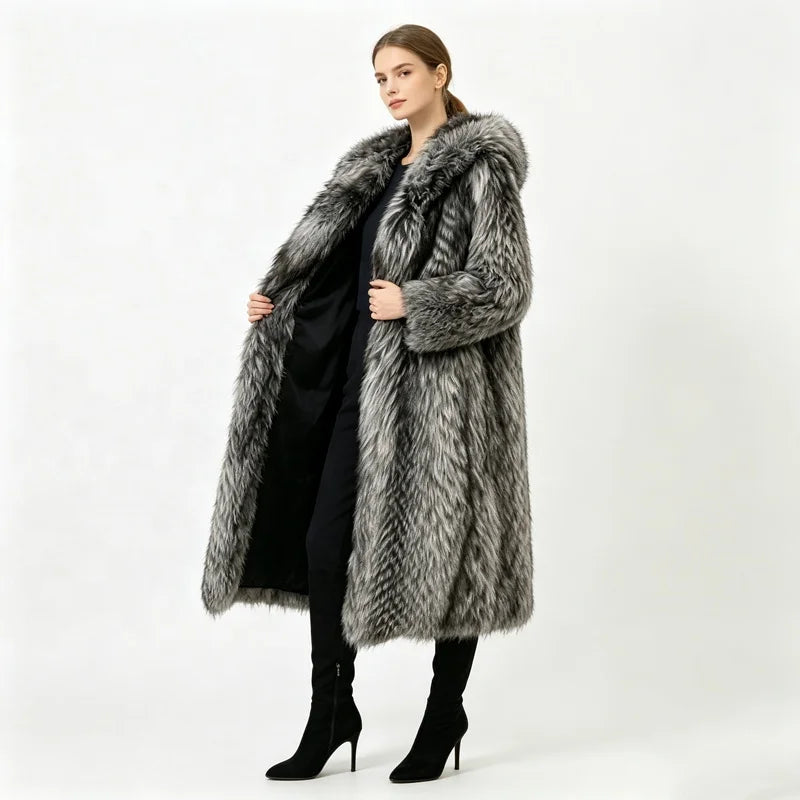 Midnight Chalet Hooded Faux Fur Coat