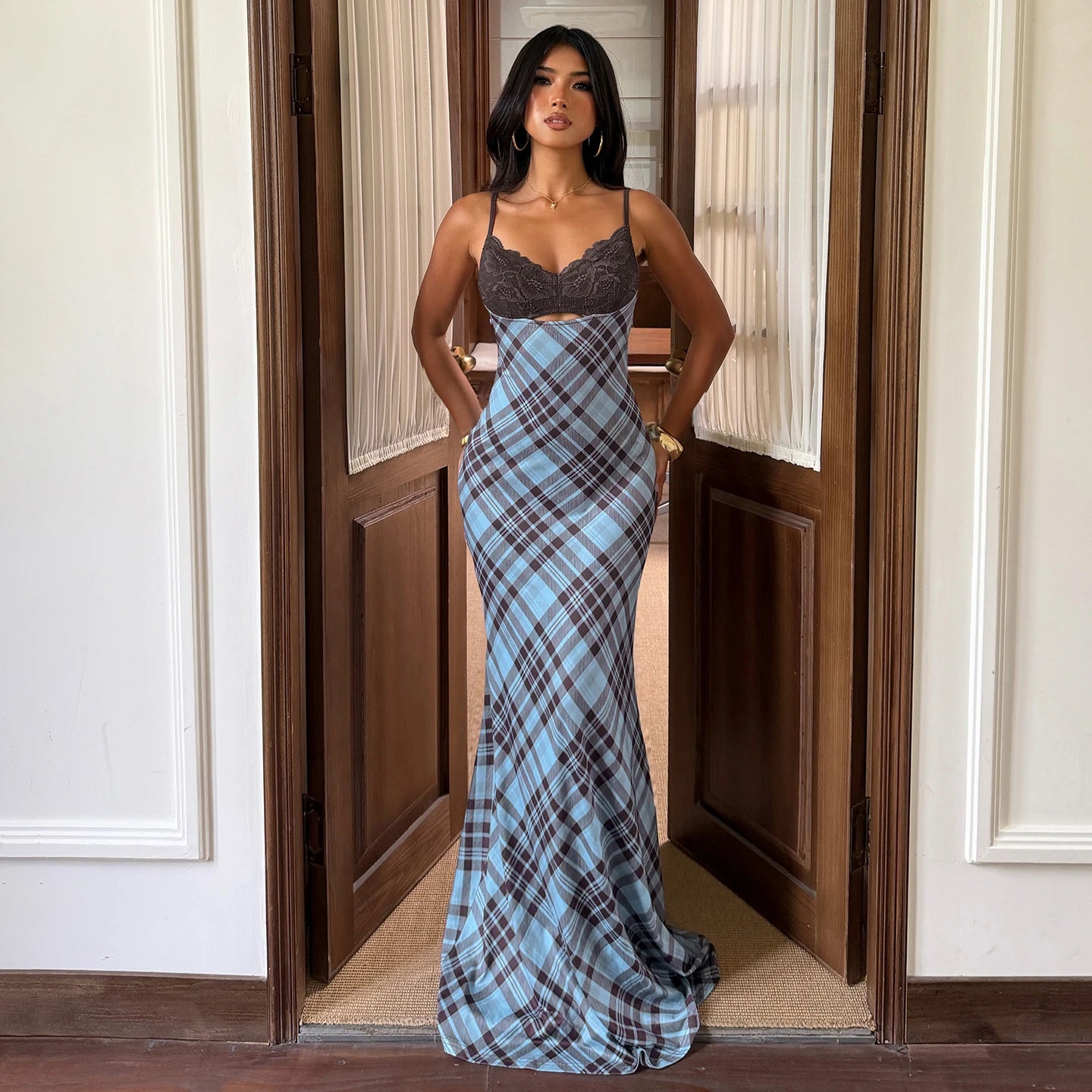 Blair Plaid Lace Maxi Dress