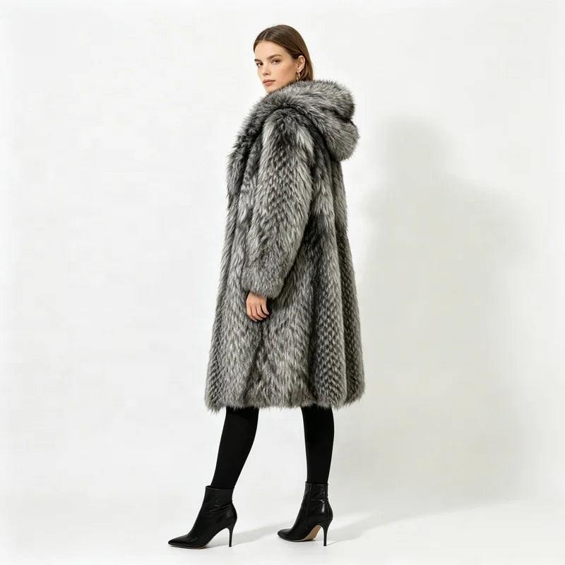 Midnight Chalet Hooded Faux Fur Coat