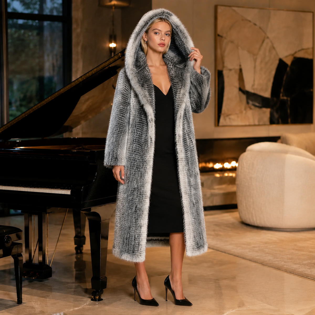 Zeyu 2026 New Arrival Women's Faux Fur Coat Ostrich Feathers Longline Hooded Loose-Fit Eco-friendly Windproof Stylish Warm
