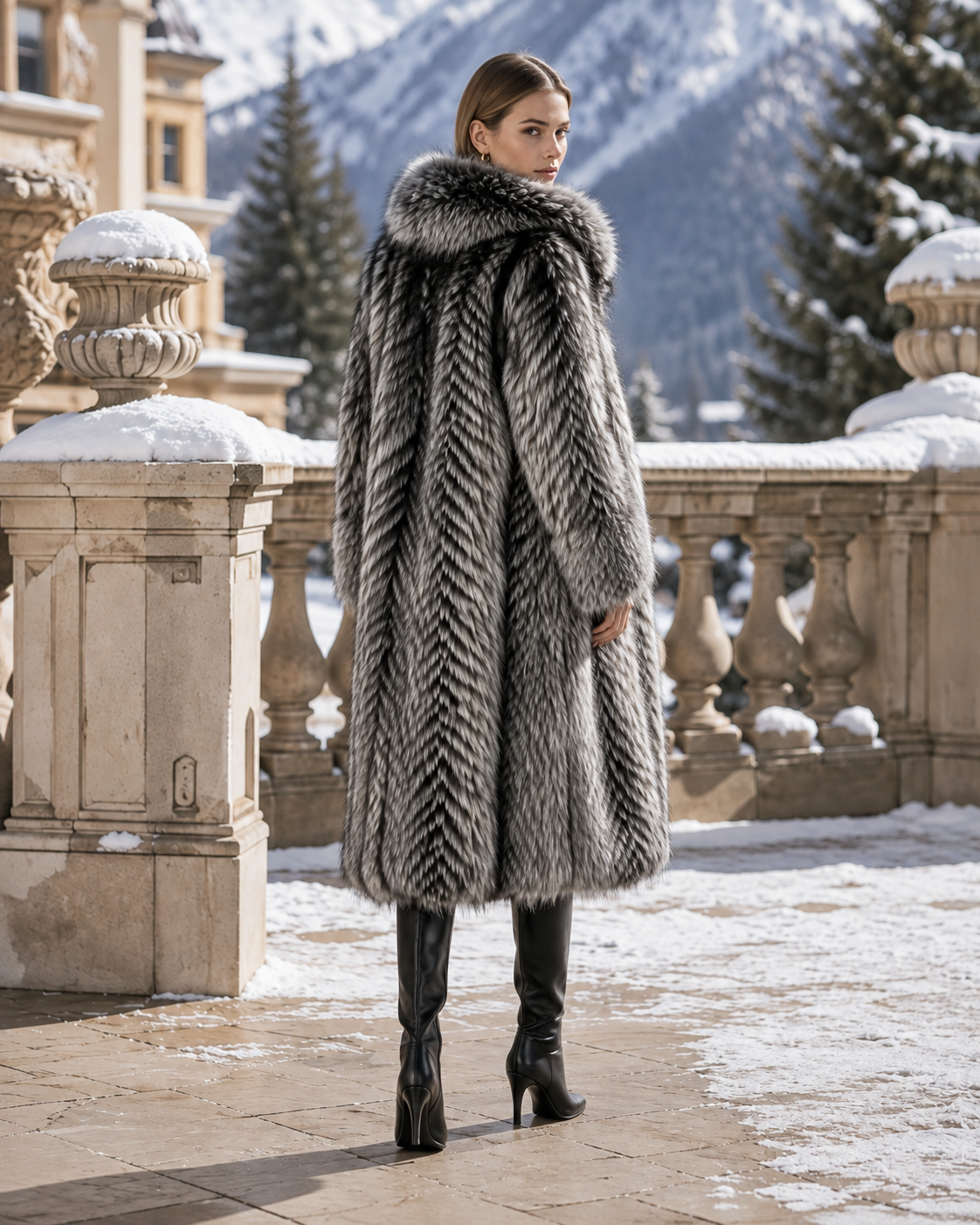 Midnight Chalet Hooded Faux Fur Coat