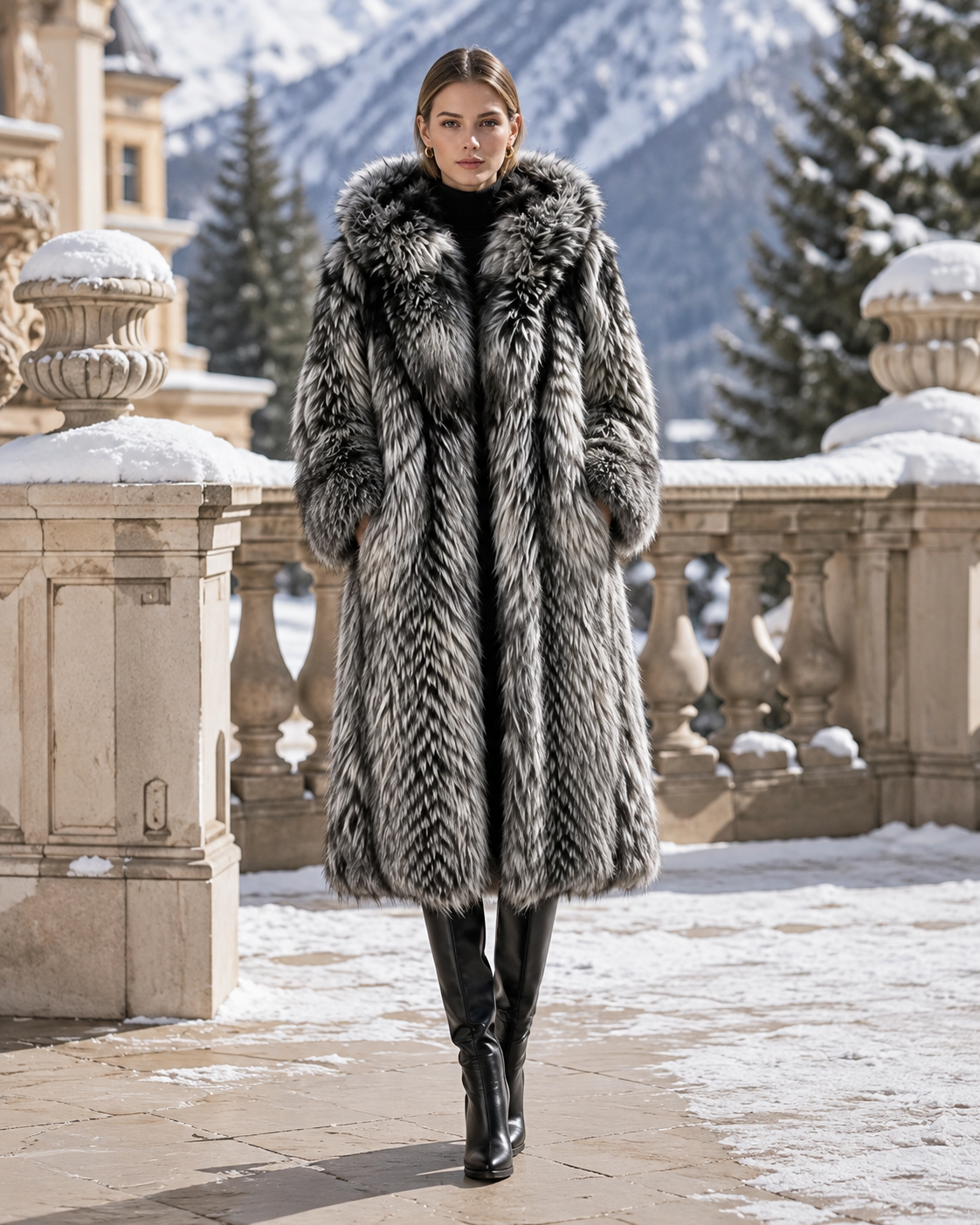 Midnight Chalet Hooded Faux Fur Coat